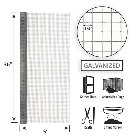 Garden Zone 36in x 5ft Galvanized Hardware Cloth with 1/4in Openings .25_3X5FT