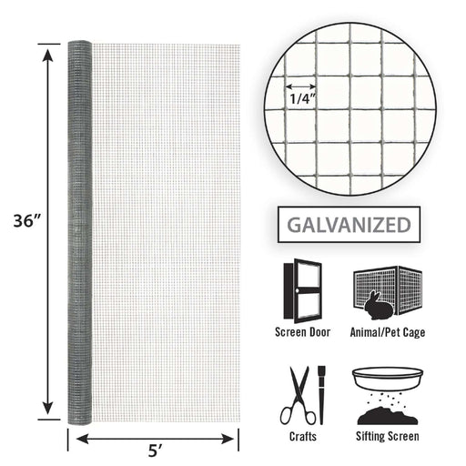 Garden Zone 36in x 5ft Galvanized Hardware Cloth with 1/4in Openings .25_3X5FT