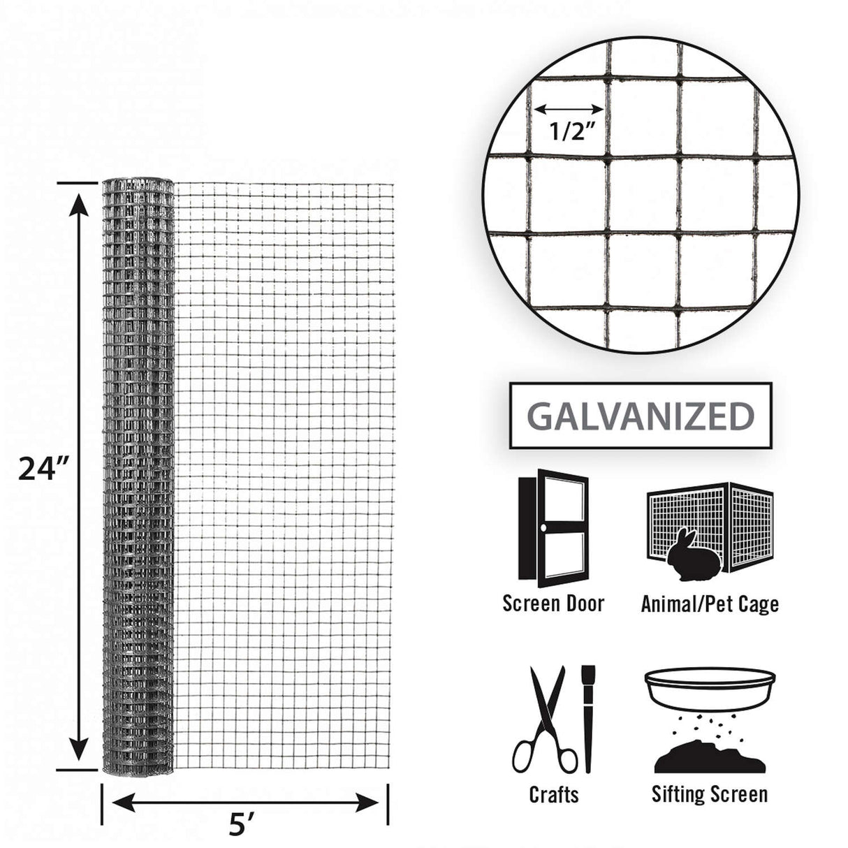 Garden Zone 24in x 5ft Galvanized Hardware Cloth with 1/2in Openings .5IN_2X5FT