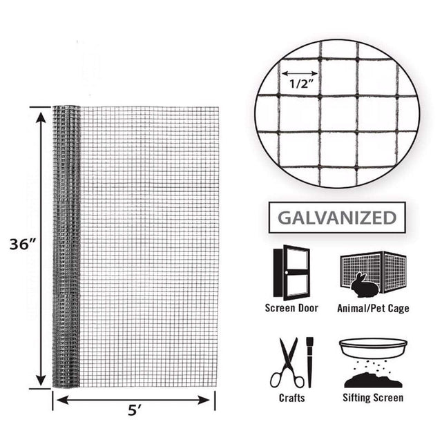 Garden Zone 36in x 5ft Galvanized Hardware Cloth with 1/2in Openings .5IN_3X5FT