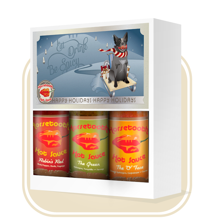 HORSETOOTH HOT SAUCE 3 PIECE GIFT BOX RUBINS RED, OFACE, AND GREEN