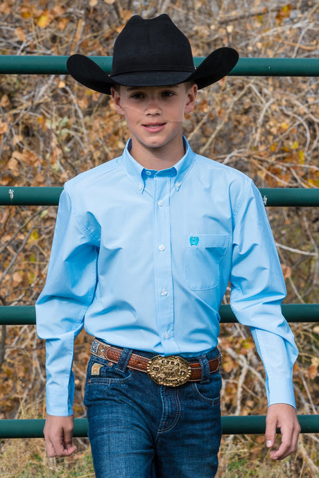 Cinch Boy's Tencel Micro Stripe Button-Down Long Sleeve Western Shirt / Light Blue