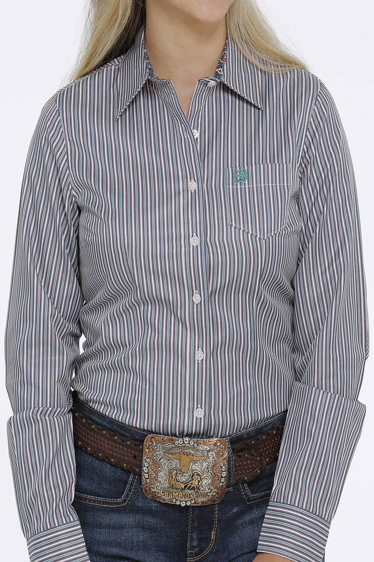 Cinch Women's 3 Color Tencel Stripe Button-Down Long Sleeve Western Shirt / Blue/Green/Cream