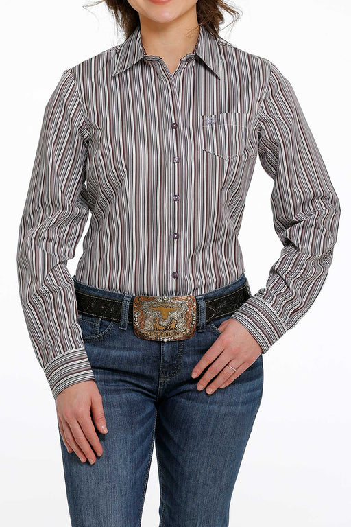 Cinch Women's Tencel Stripe Button-Down Long Sleeve Western Shirt / Purple/White/Black