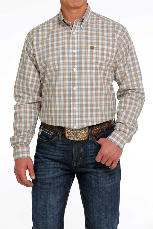 Cinch Men's Plaid Button-Down Long Sleeve Western Shirt / White/Teal/Brown