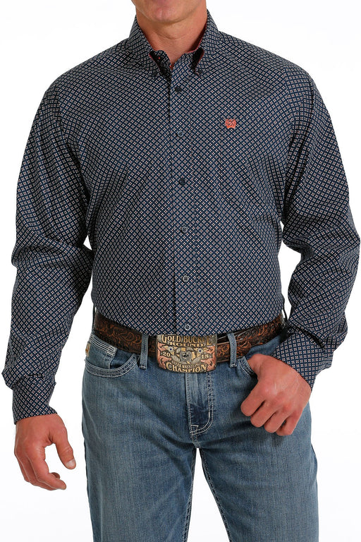 Cinch Men's Stretch Geometric Print Button-Down Long Sleeve Western Shirt / Navy