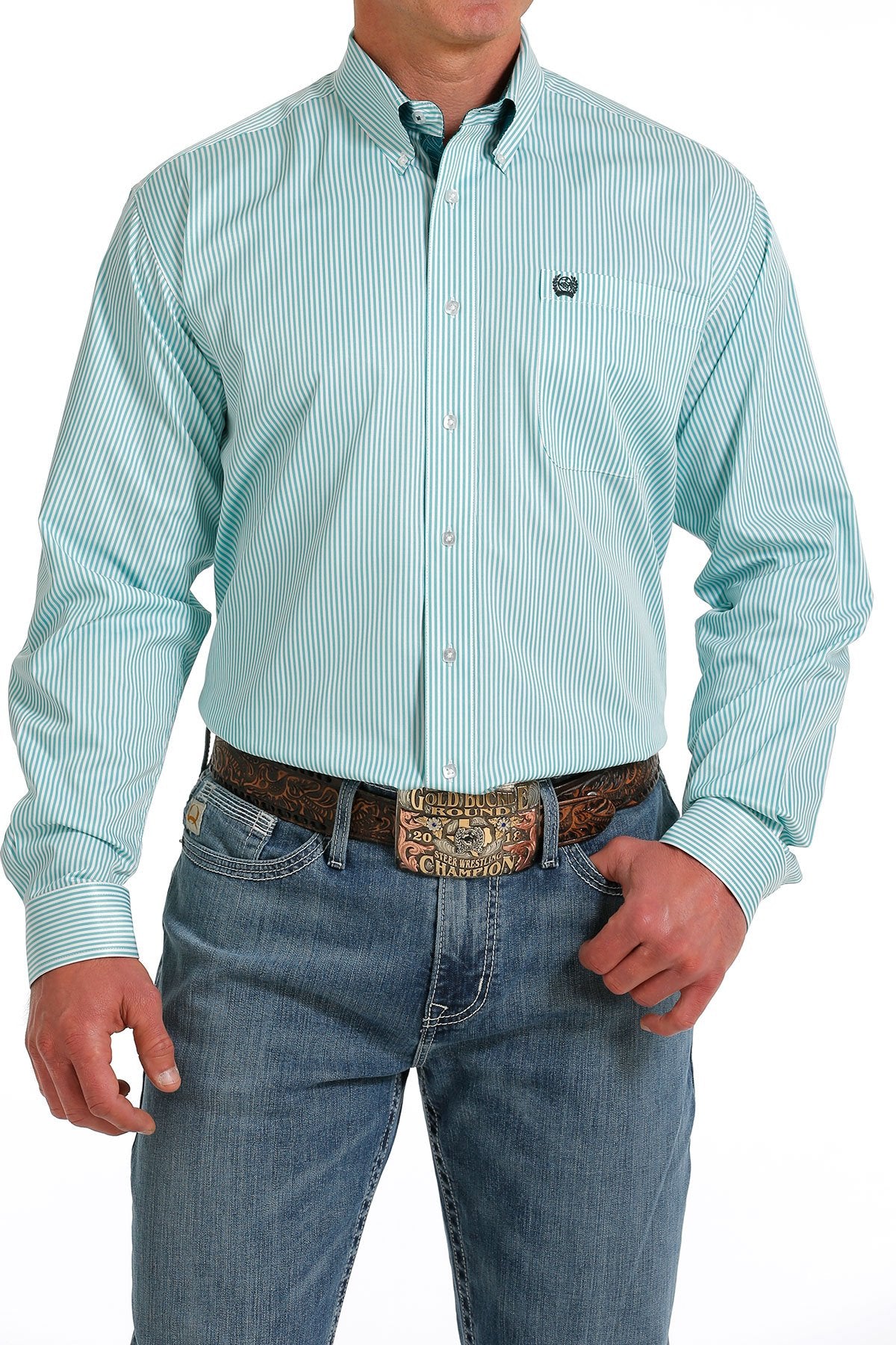 Cinch Men's Stripe Tencel Button-Down Long Sleeve Western Shirt / White