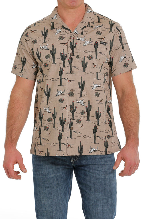 Cinch Men's Cactus Print Short Sleeve Camp Shirt / Khaki