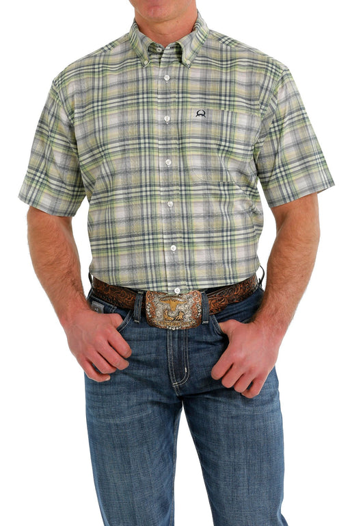 Cinch Men's Plaid Print Arenaflex Button-Down Short Sleeve Shirt / Green