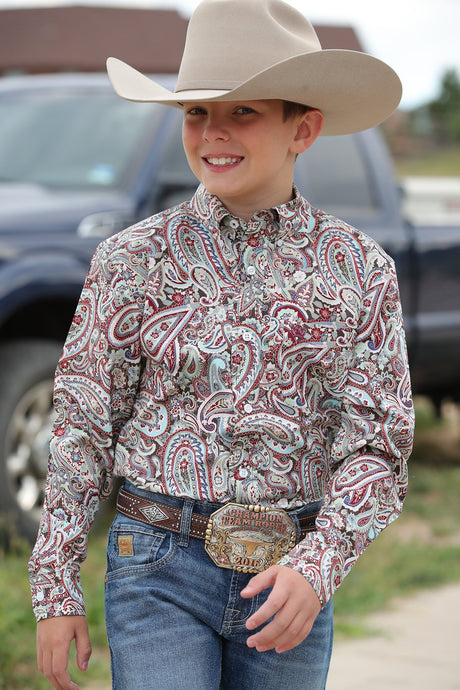 Cinch Boy's Match Dad Paisley Print Button-Down Long Sleeve Western Shirt / Red Paisley