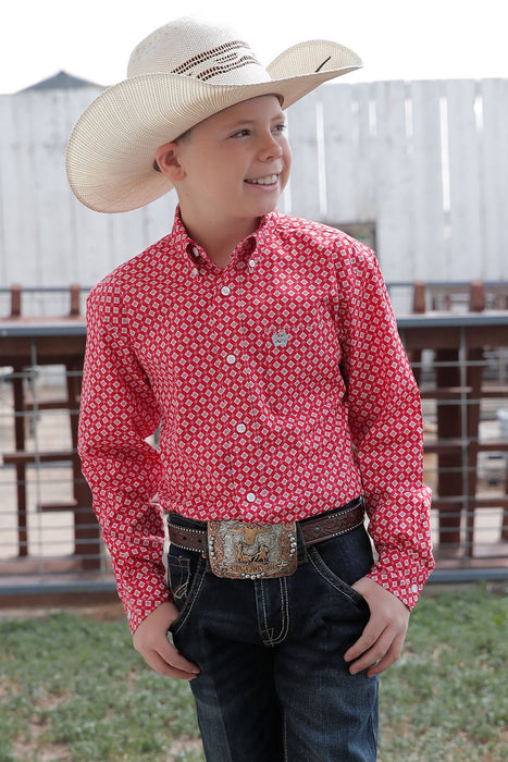 Cinch Boy's Match Dad Geometric Print Button-Down Long Sleeve Western Shirt / Red