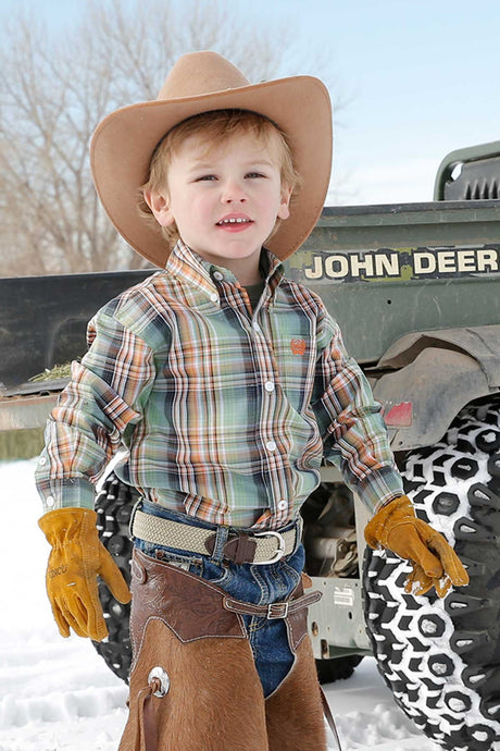 Cinch Toddler's Match Dad Medallion Print Button-Down Long Sleeve Western Shirt / Green