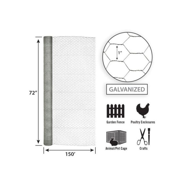 Garden Zone Garden Craft Galvanized Poultry Netting, 72in x 150ft, 2in Hexagonal Openings