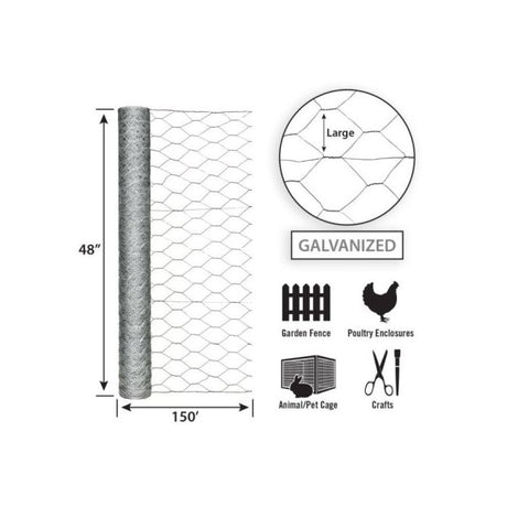 Garden Zone Garden Craft Galvanized Poultry Netting, 48in x 150ft, 2in Hexagonal Openings