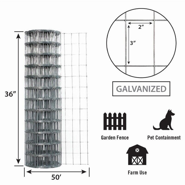 Garden Zone 36in x 50ft Galvanized Garden Fence with 2in x 3in Openings 3X50FT